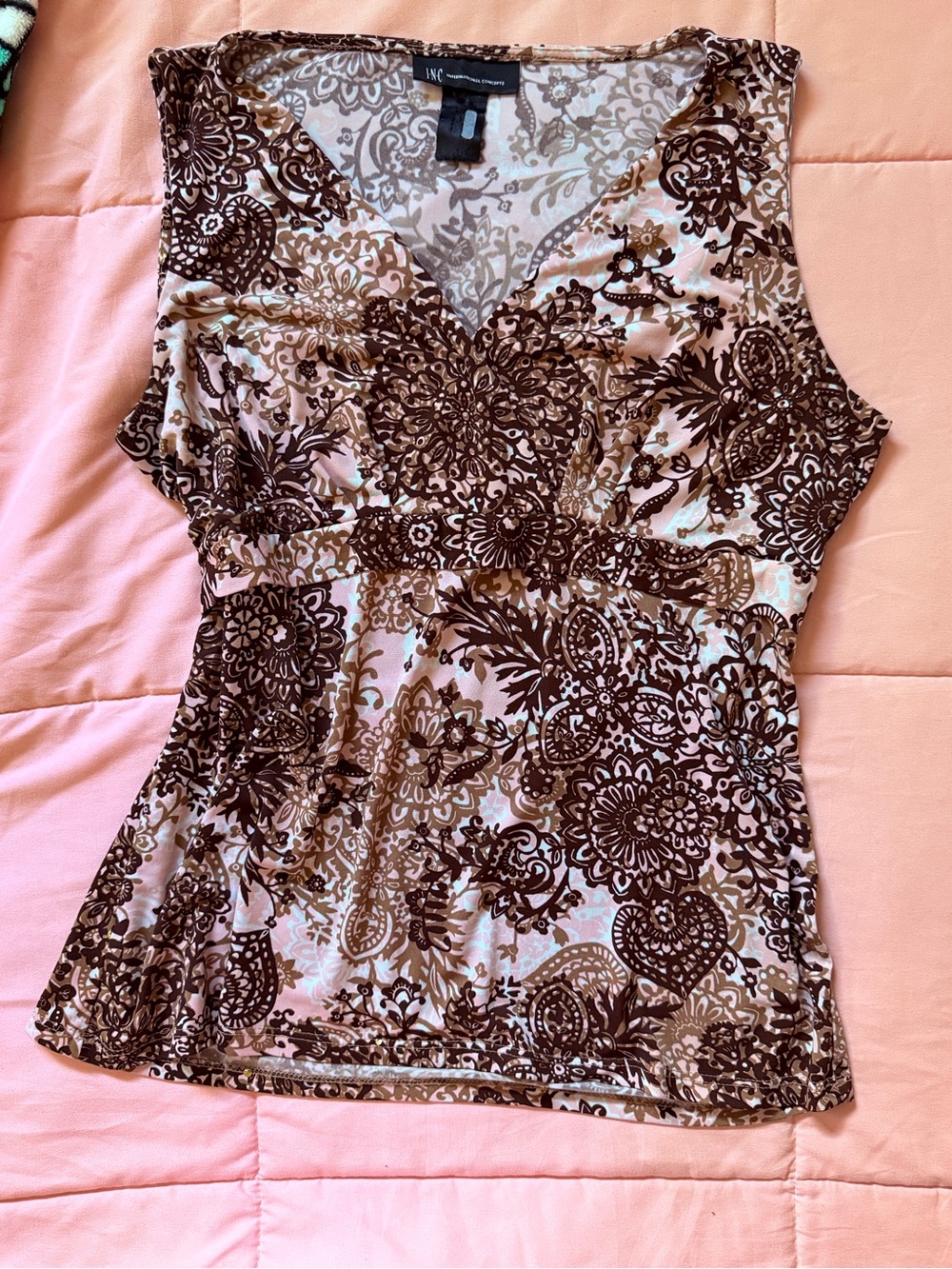 INC International Concepts Brown and Cream Paisley V-Neck Tank